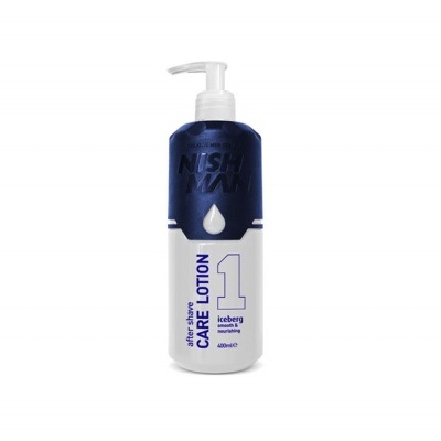 Frasco de loção pós-barba NISH MAN Care Lotion 1 azul e branco com doseador.