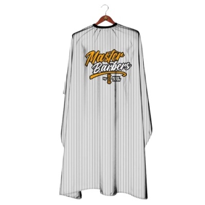 Capa de corte de cabelo branca com riscas pretas e texto 'Master Barbers'