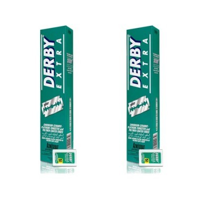 Caixas verdes de lâminas de barbear Derby Extra com lâminas na frente