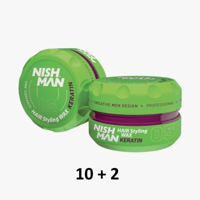 Frascos verdes de cera para cabelo Nish Man com texto em branco e roxo.