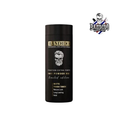 Frasco preto de cera em pó para cabelo Bandido com texto em dourado e branco e logo de caveira, logótipo Bandido Barber Shop ao fundo