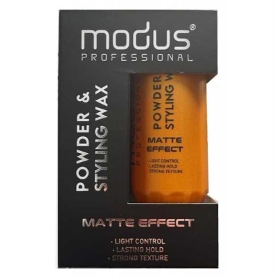 Cera modeladora em pó Modus Professional Matte Effect em embalagem preta com frasco laranja visível