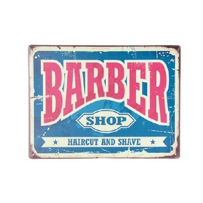 Placa metálica vintage de barbearia com texto em azul e vermelho