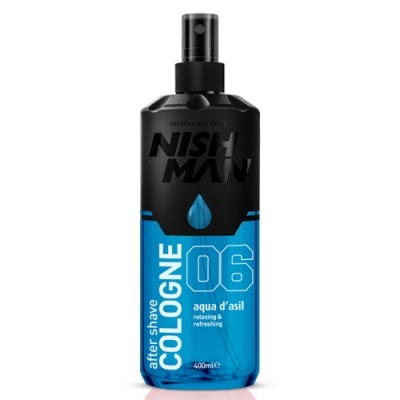 Frasco de after shave colónia azul e preto com texto NISH MAN 06 aqua d'asil