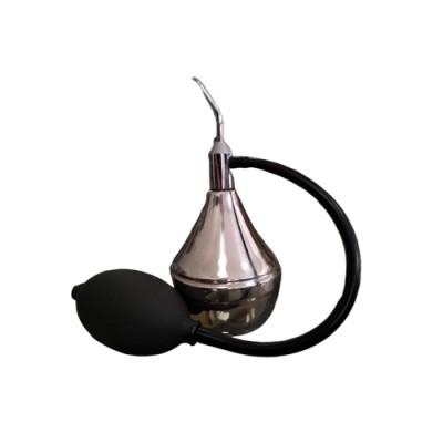 Perfumeiro para pó com recipiente metálico prateado e bomba preta em borracha