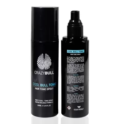 Dois frascos pretos de spray tónico para cabelo CrazyBull
