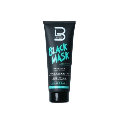 Tubo preto de máscara facial peel-off com texto azul e branco em fundo branco