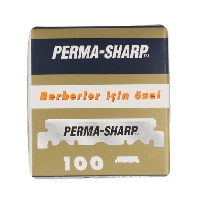 Embalagem de lâminas de barbear Perma-Sharp com cores dourada, branca e azul escuro