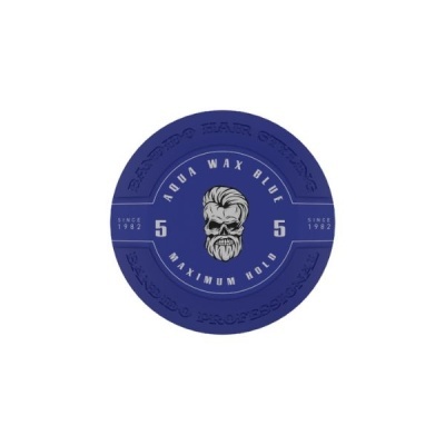 Embalagem redonda azul escura de cera para cabelo com design e texto branco