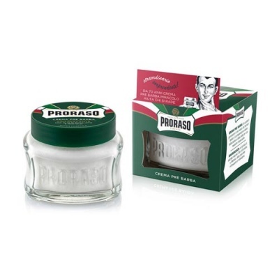 Creme para barbear Proraso com embalagem e caixa verde, branco e vermelho