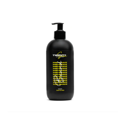 Frasco preto de pré-barbeador com dispensador e texto amarelo e branco da marca TWENTY