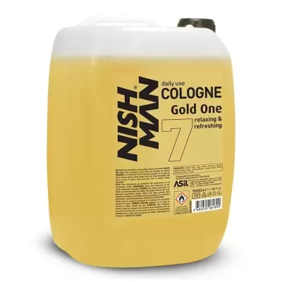 Frasco amarelo com líquido e rótulo de colónia Nish Man Gold One
