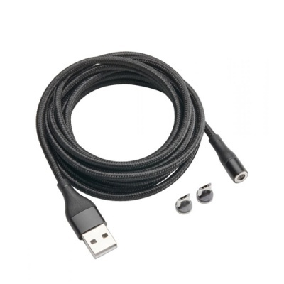 Cabo USB preto com malha trançada e adaptadores metálicos prateados