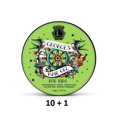 Embalagem verde de gel de cabelo para crianças com ilustrações coloridas