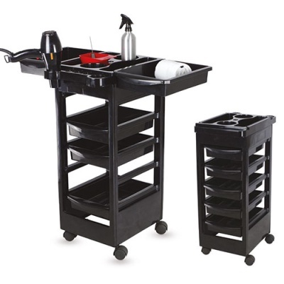 Carrinho de armazenamento preto em plástico com gavetas e rodas para uso em salão de beleza