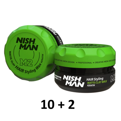 Dois frascos de cera modeladora de cabelo Nish Man M2 com tampa verde e base preta