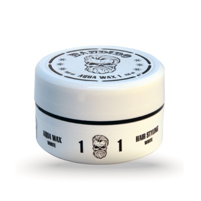 Frasco branco pequeno com rótulos pretos de cera de cabelo AQUA WAX WHITE