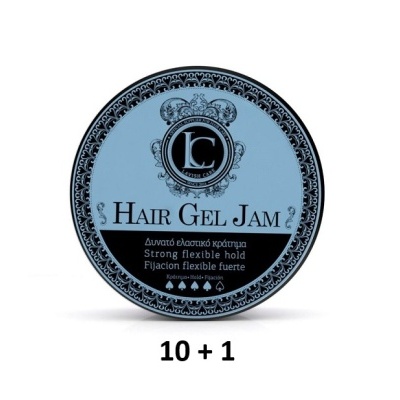 Embalaem azul e preta redonda para gel de cabelo com texto multilingue