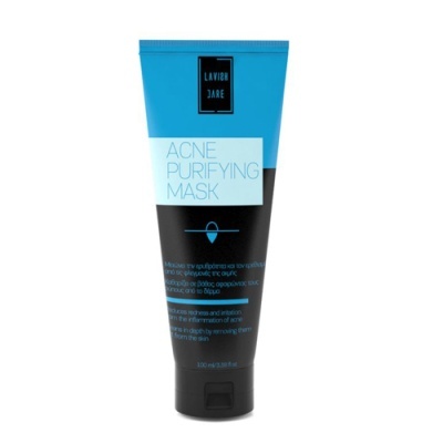 Tubo de máscara facial azul e preta para acne com texto ACNE PURIFYING MASK