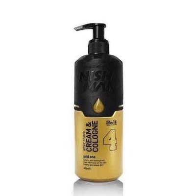 Frasco preto e dourado de creme e colónia com doseador e texto visível