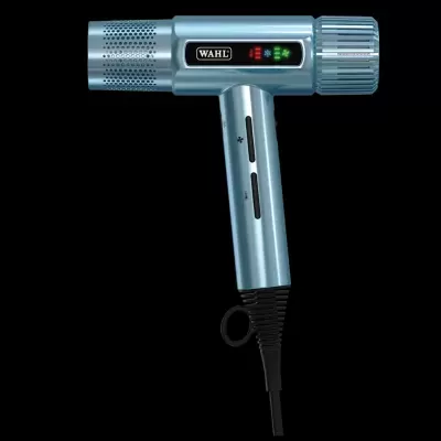 Secador de cabelo metálico azul claro com painel digital e cabo preto