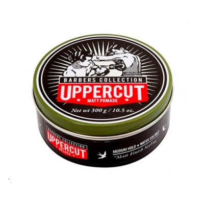 Pote de pomada para cabelo Uppercut Matt Pomade com design preto, vermelho e verde oliva