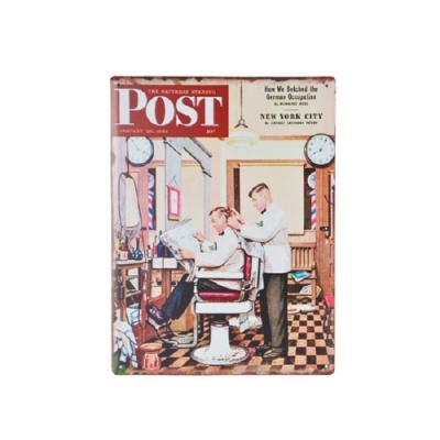Placa metálica com capa da revista The Saturday Evening Post mostrando barbearia e barbeiro a atender cliente