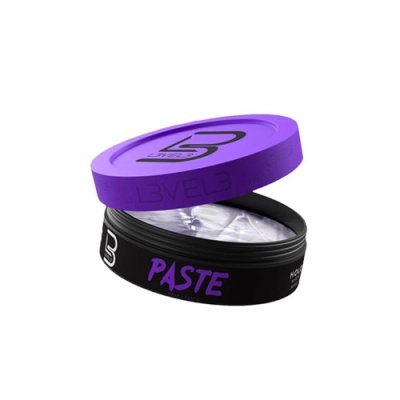 Embalagem redonda de pasta para cabelo preta com tampa roxa e texto em roxo