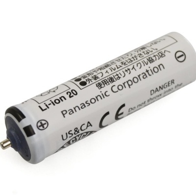 Bateria recarregável cylindrical Li-ion branca Panasonic com texto e símbolos
