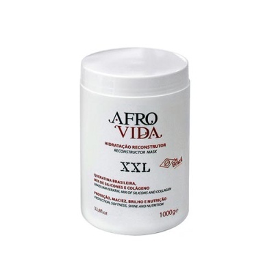 Frasco branco de máscara reconstrutora Afro Vida XXL com texto em preto e vermelho.