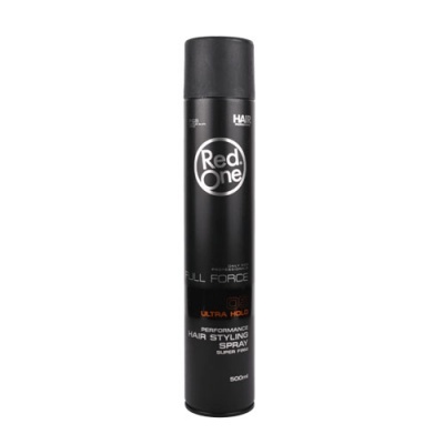 Lata de spray de cabelo Red One preta com texto branco e laranja