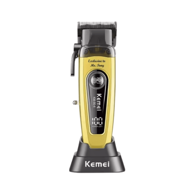 Máquina de cortar cabelo Kemei KM-1904 amarelo e preto com visor digital e suporte preto.