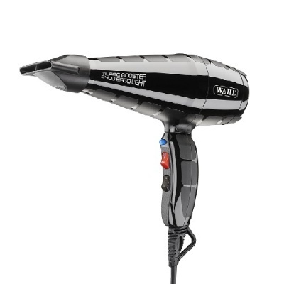 Secador de cabelo preto Wahl com botão azul e vermelho