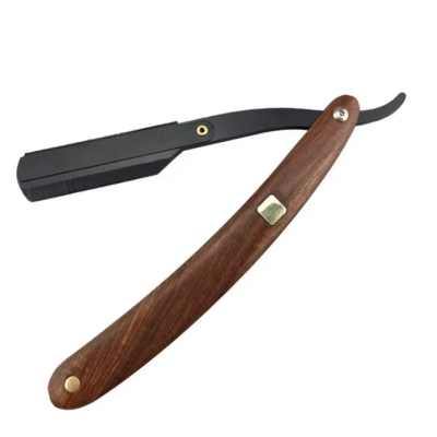Navalha de barbear com cabo de madeira castanha e lâmina preta