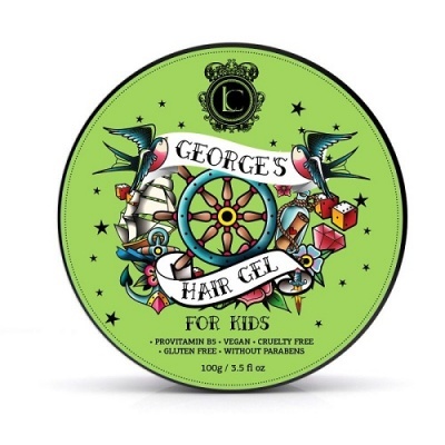 Embalagem verde redonda de gel para cabelo infantil com ilustrações e texto