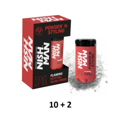 Produto Nish Man P1 Powder Styling em embalagem preta e vermelha ao lado de frasco e pó branco
