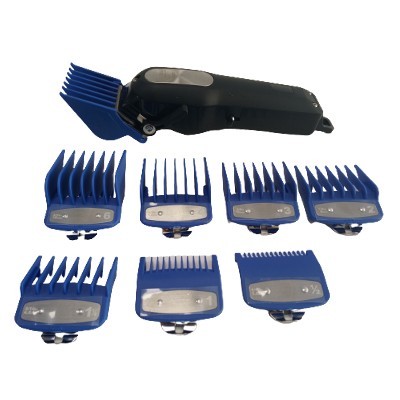 Máquina de cortar cabelo preta com pegas azuis numeradas