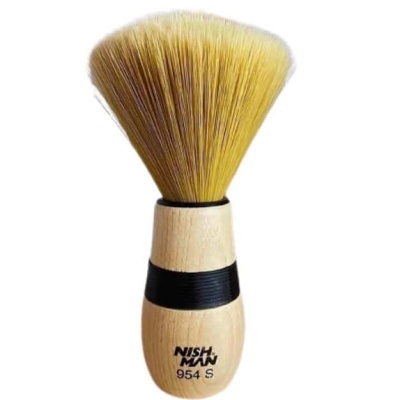 Pincel de barbear com cabo de madeira claro e cerdas amarelas