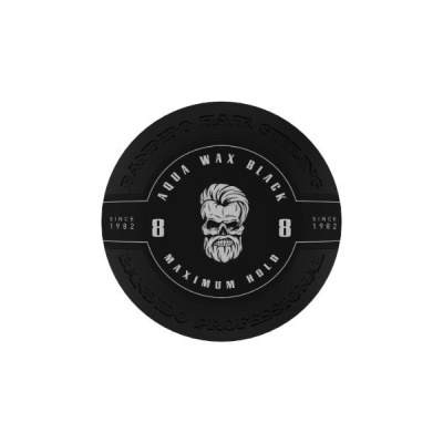 Embalagem preta redonda de cera para cabelo com texto branco e ilustração de crânio