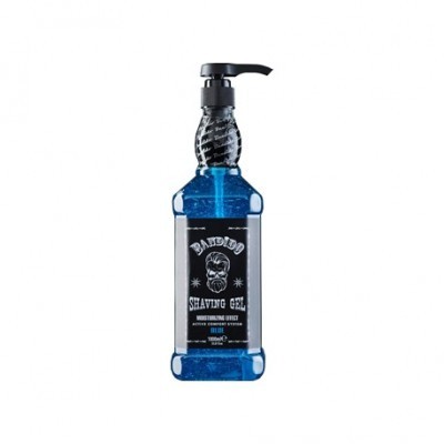 Frasco azul de gel de barbear com doseador e rótulo preto branco