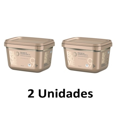 Duas embalagens de creme bege com texto BlondMe e indicação 2 Unidades
