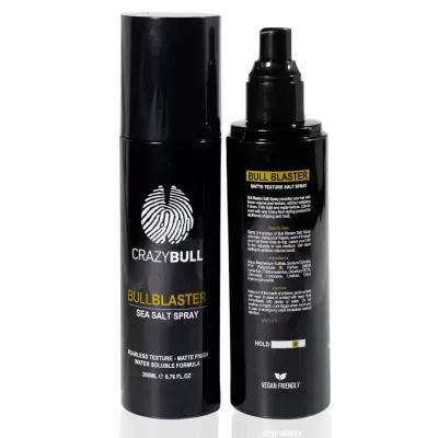 Frascos pretos de spray de sal do mar BULLBLASTER da CrazyBull com texto em branco e amarelo