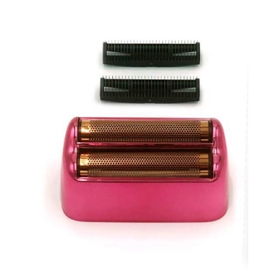 Cabeça de aparador de pêlos rosa com lâminas douradas e acessórios pretos