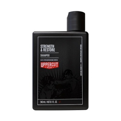 Frasco preto de champô Uppercut Series com texto em branco e vermelho