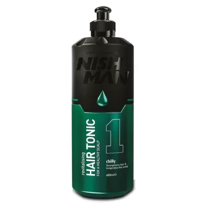 Frasco de tónico capilar revitalizante Nish Man 400mL preto e verde.