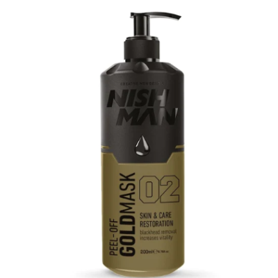 Frasco preto e dourado de máscara facial com doseador