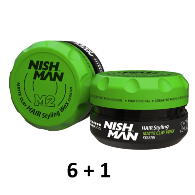 Frascos de cera modeladora para cabelo Nish Man M2 com tampa verde e corpo preto.