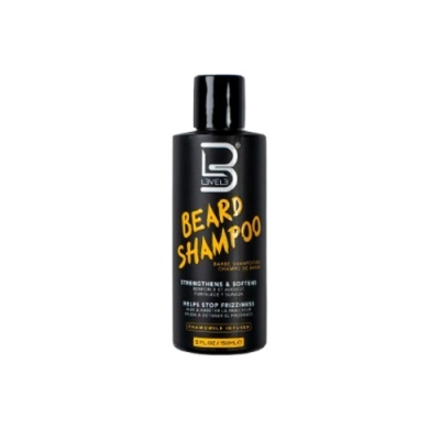 Frasco preto de shampoo para barba 150 ml com texto amarelo e branco