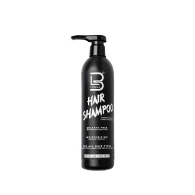 Frasco preto de shampoo para cabelo com doseador e texto branco.