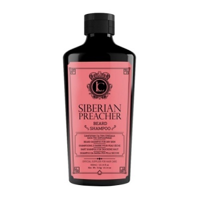 Frasco preto com rótulo rosa de shampoo para barba Siberian Preacher